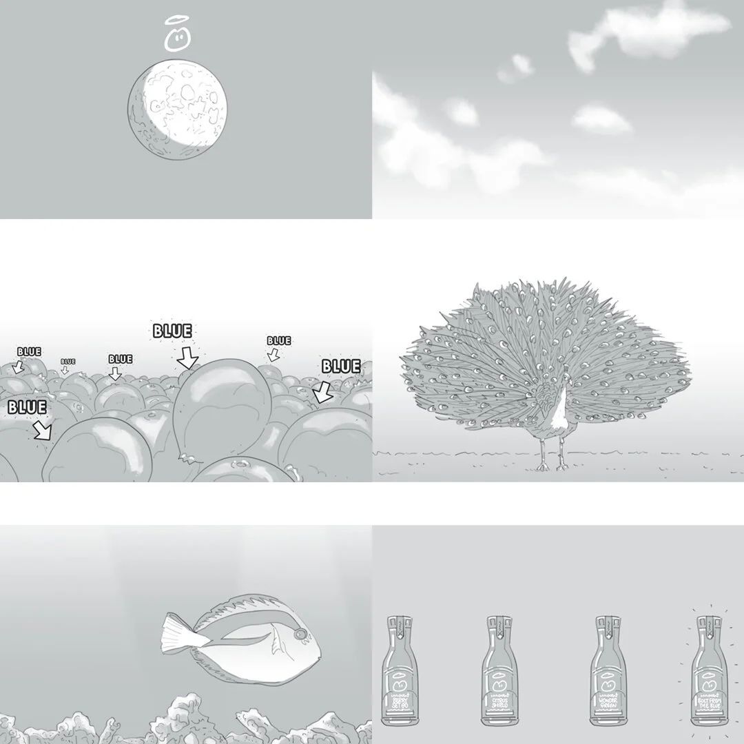 Six-panel storyboard sheet by Seb Antoniou for an Innocent Drinks TV advert — orchard peach, BLUE-labelled balloons, peacock, fish and bottled-smoothie frames drawn in black-and-white.