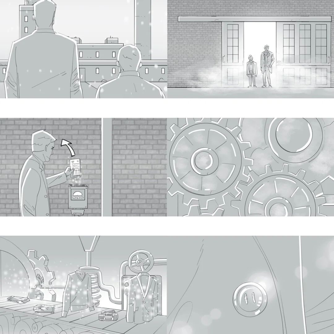 Six-panel storyboard sheet by Seb Antoniou for the Hackett "Gifting Machine" Christmas advert — gentleman in a cityscape, atelier interior, mechanical gears and a finished suit on the production line.