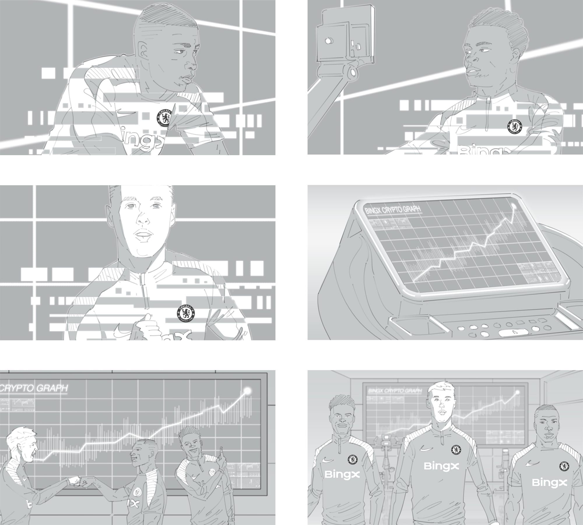 Storyboard sheet by Seb Antoniou for Chelsea FC — second sheet of player likeness frames and brand graphic compositions.