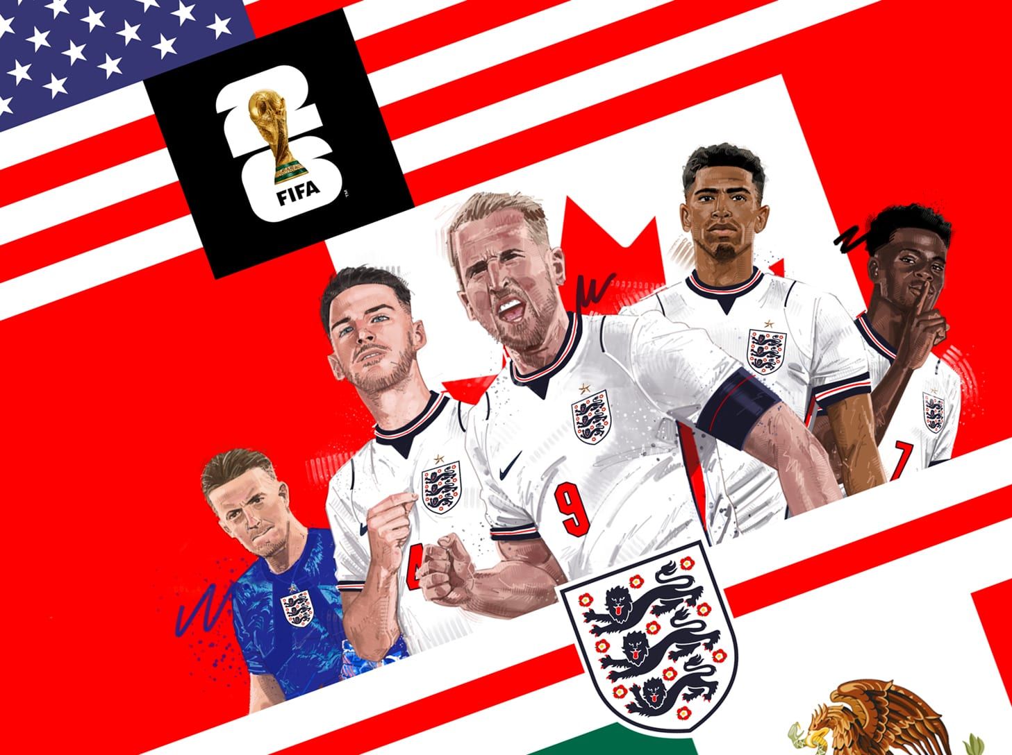 Painted illustration by Seb Antoniou — the England men's football squad set against the Stars and Stripes and the FIFA World Cup mark, with the Three Lions crest in the foreground. Painted for the 2026 World Cup theme.