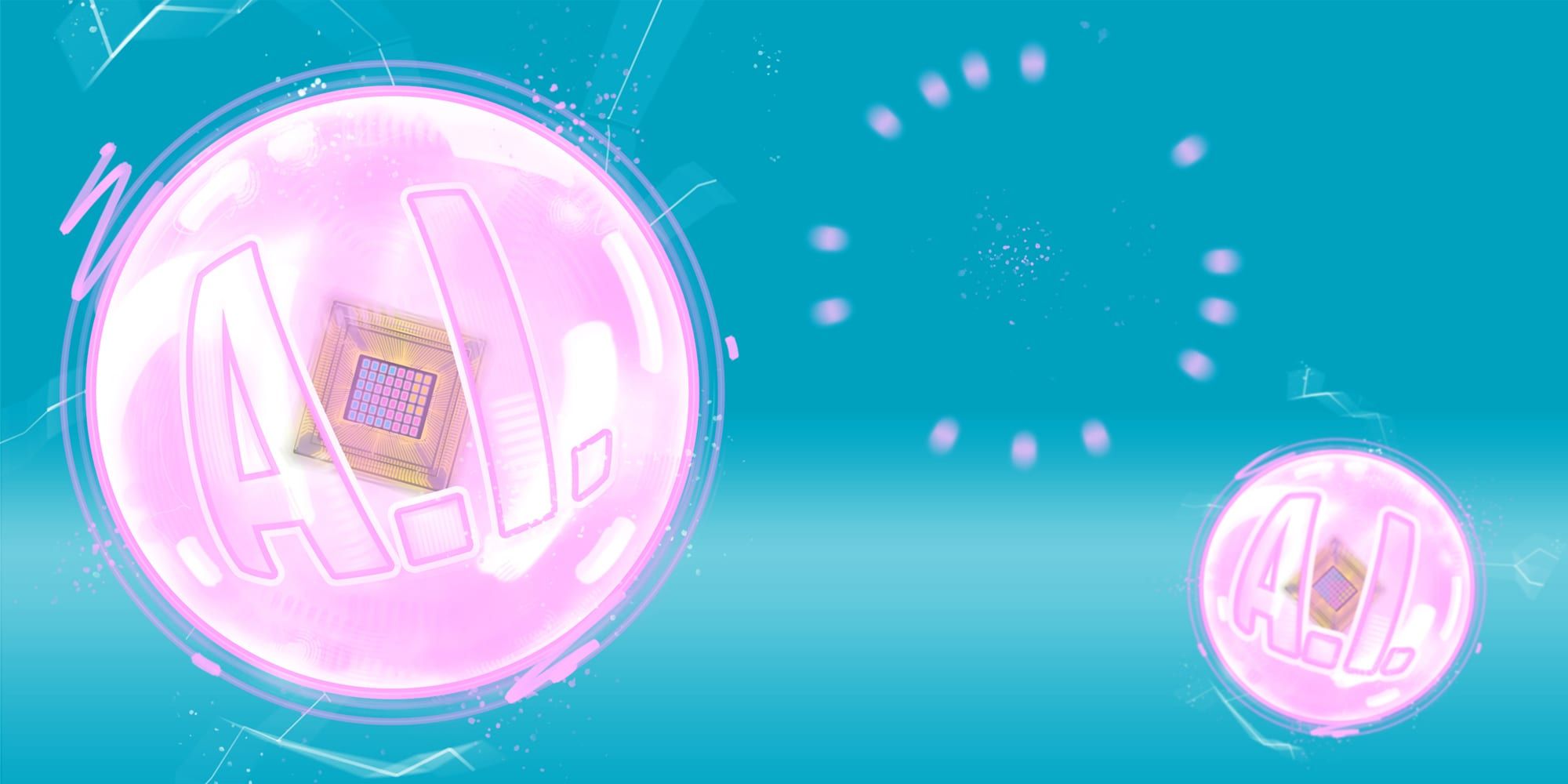 Editorial illustration by Seb Antoniou — pink translucent bubbles labelled "A.I." each containing a microprocessor chip, floating on a teal ground.