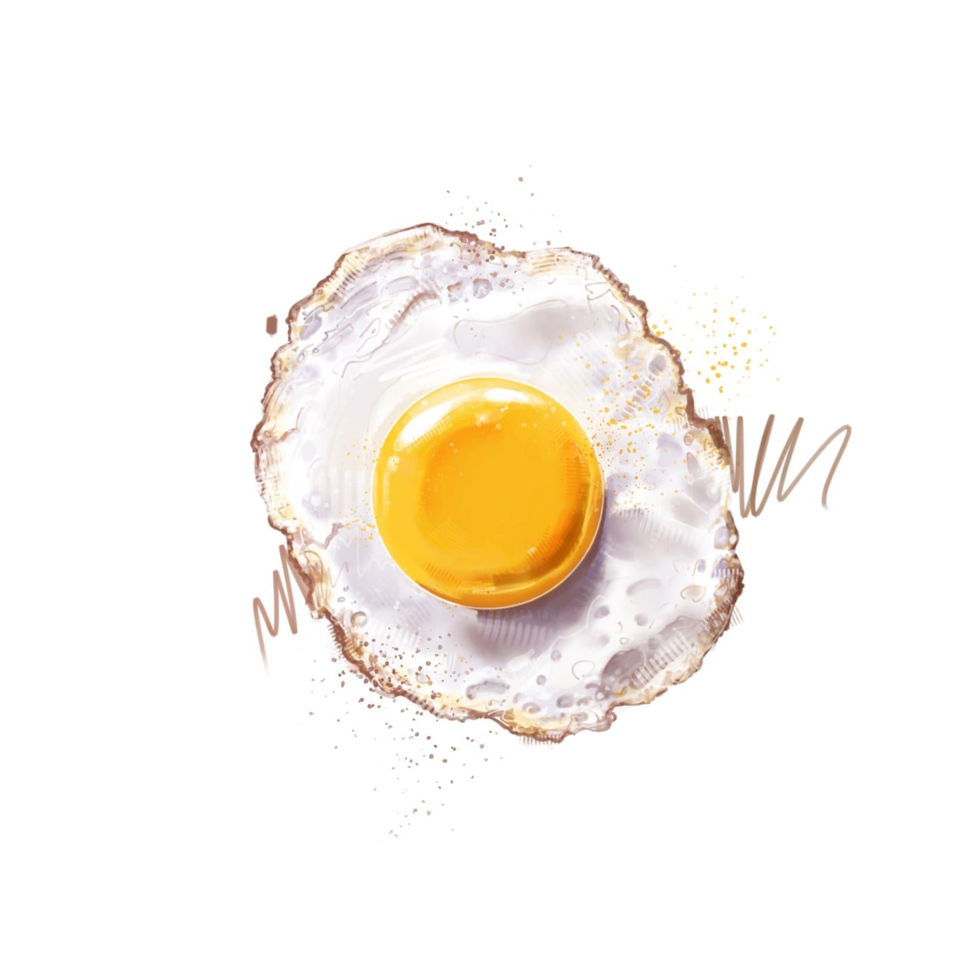 Painted illustration by Seb Antoniou — a fried egg with a glossy yellow yolk on a white ground, with loose brown gesture marks.