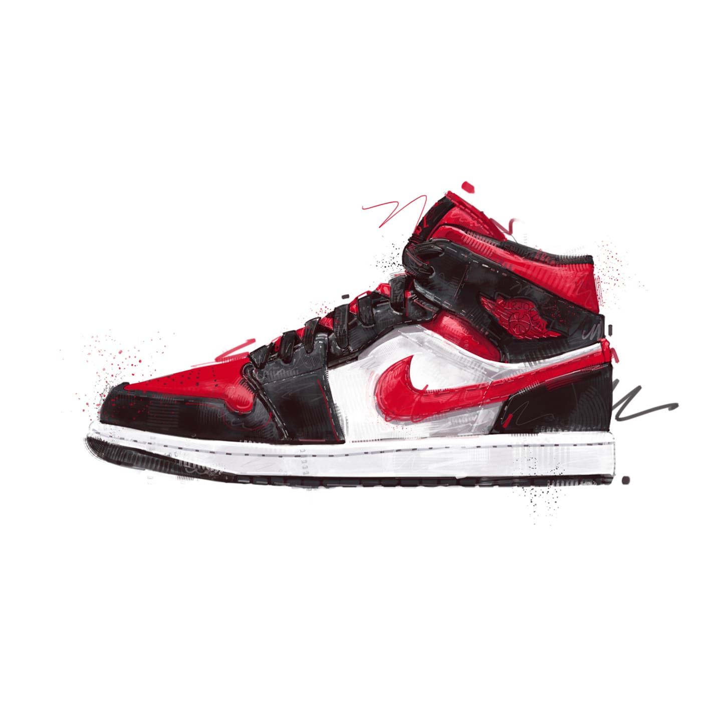 Painted illustration by Seb Antoniou — an Air Jordan 1 in the Bred colourway, rendered in red, black and white with loose sketch marks.