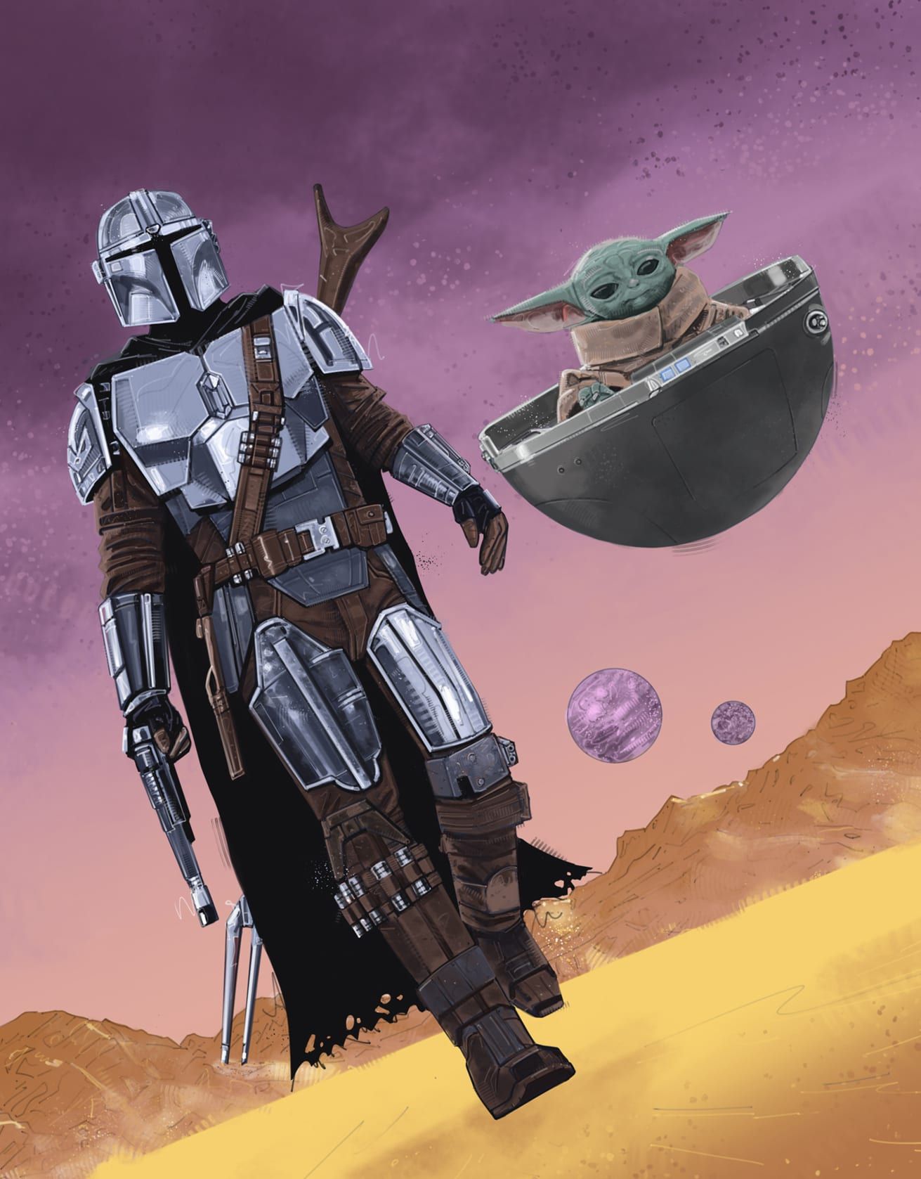 Painted illustration by Seb Antoniou — the Mandalorian walking across a desert with Grogu in a floating pram and two moons in a purple sky.