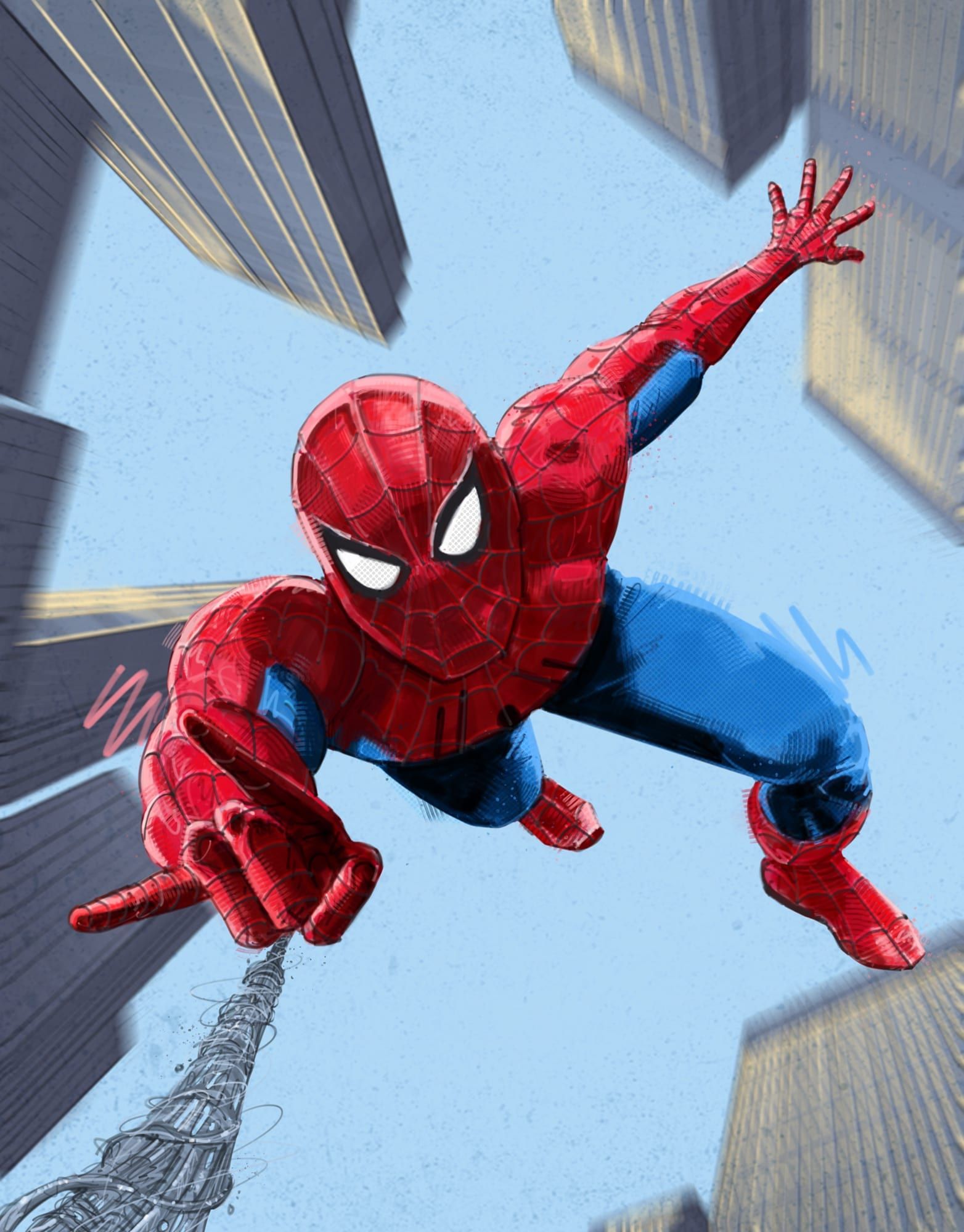 Painted illustration by Seb Antoniou — Spider-Man swinging into frame between two skyscrapers seen from below.