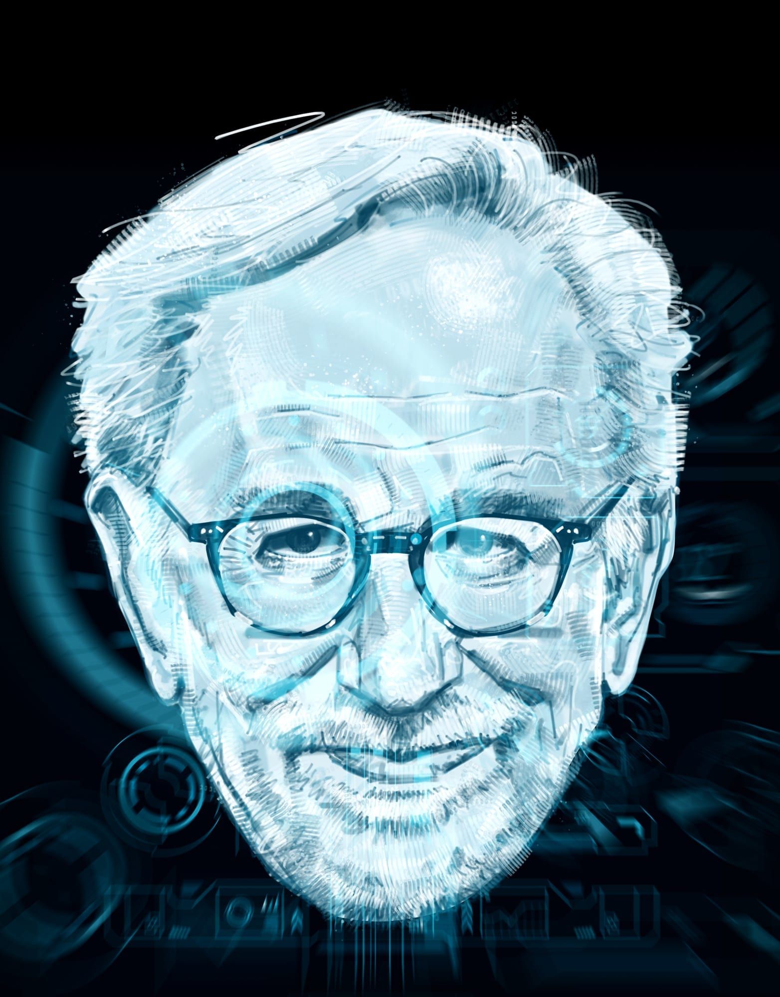 Painted portrait by Seb Antoniou — Steven Spielberg rendered in cool blue tones over a dark technical background, suggesting the apparatus of cinema.