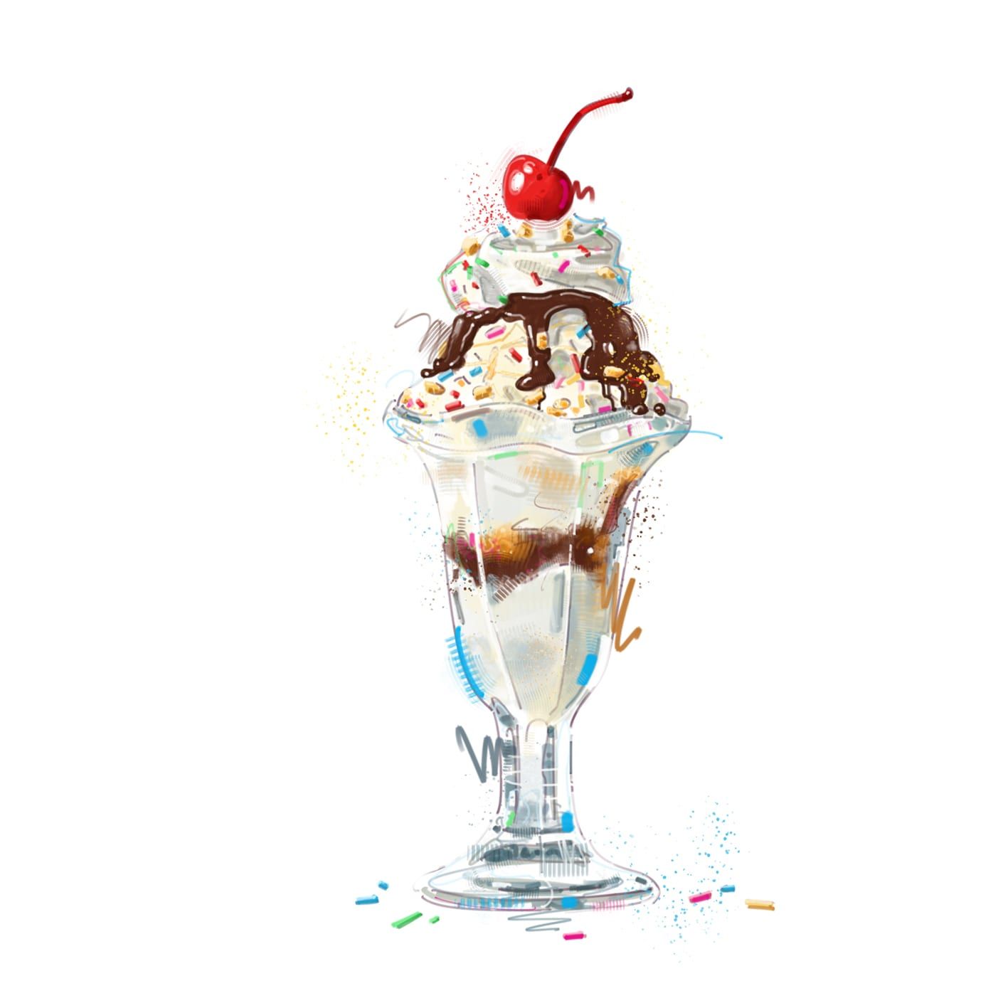 Painted illustration by Seb Antoniou — an ice-cream sundae in a tall glass, with whipped cream, chocolate sauce, sprinkles and a cherry on top.