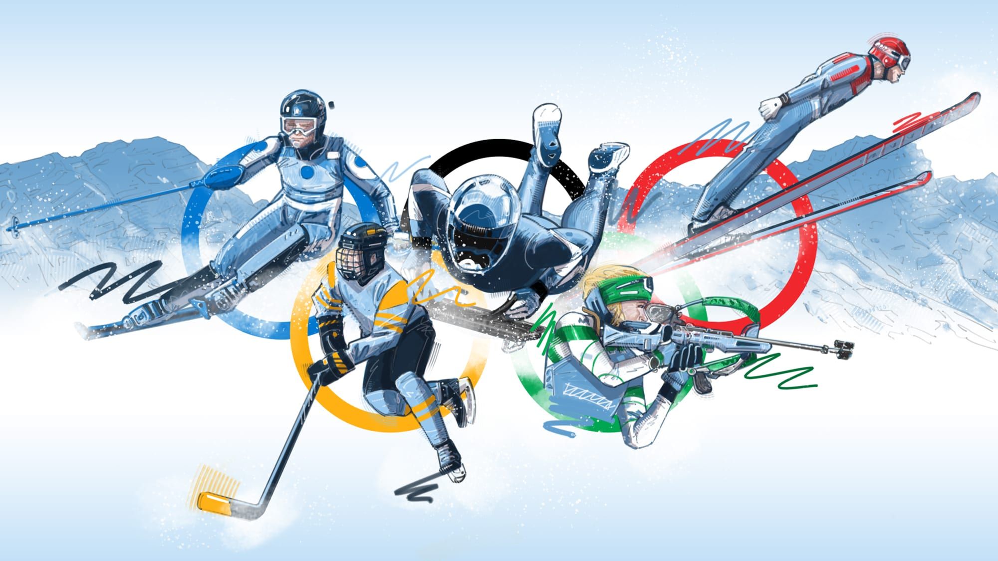 Personal Winter Olympics illustration by Seb Antoniou — five winter-sport athletes (downhill skier, ice-hockey player, bobsleigh, biathlete, ski jumper) drawn against the Olympic rings and snow.