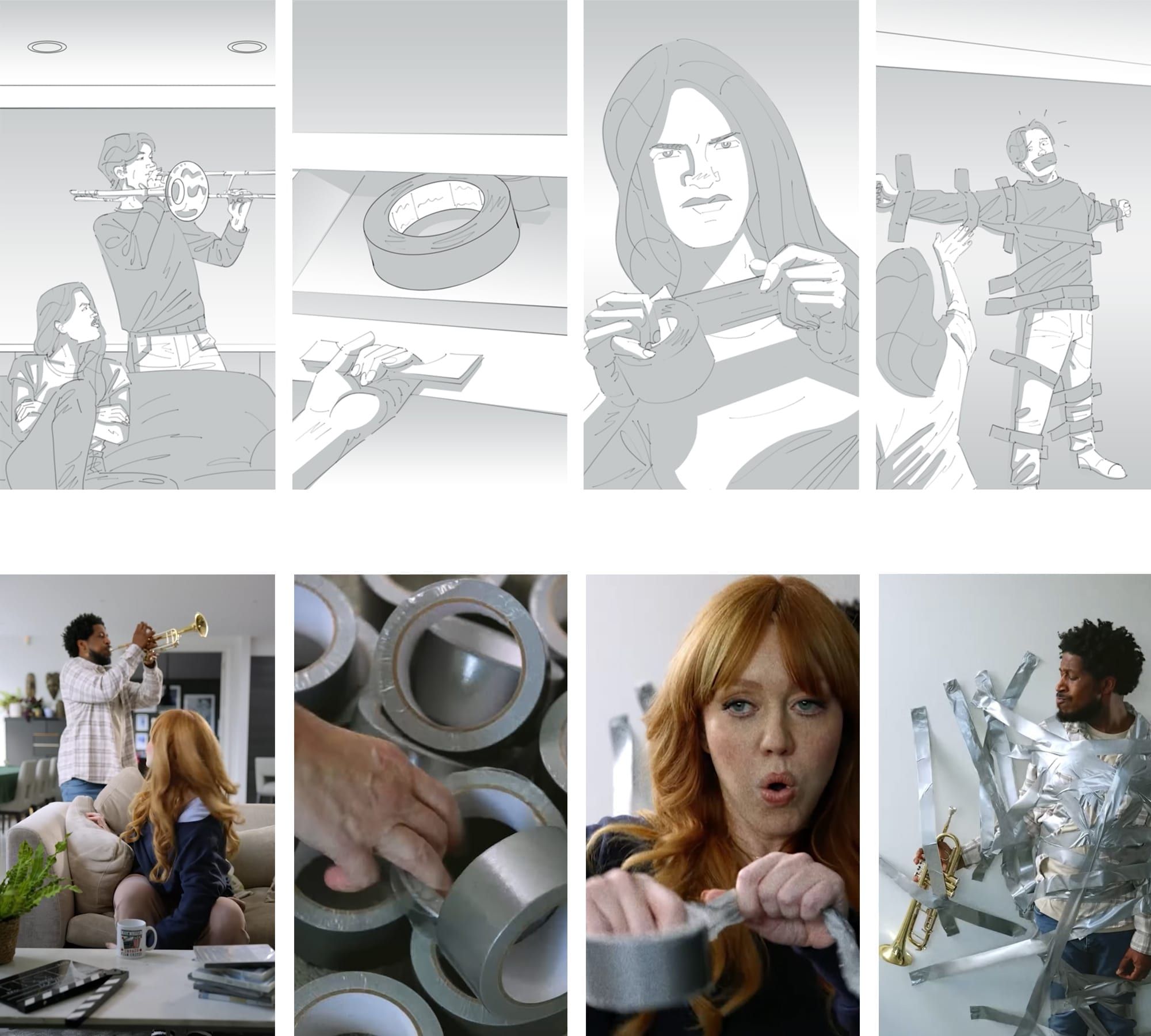 Storyboard sheet by Seb Antoniou for a Samsung AI TV campaign — board frames against finished frames covering interface beats, in-room user moments and product-hero compositions.