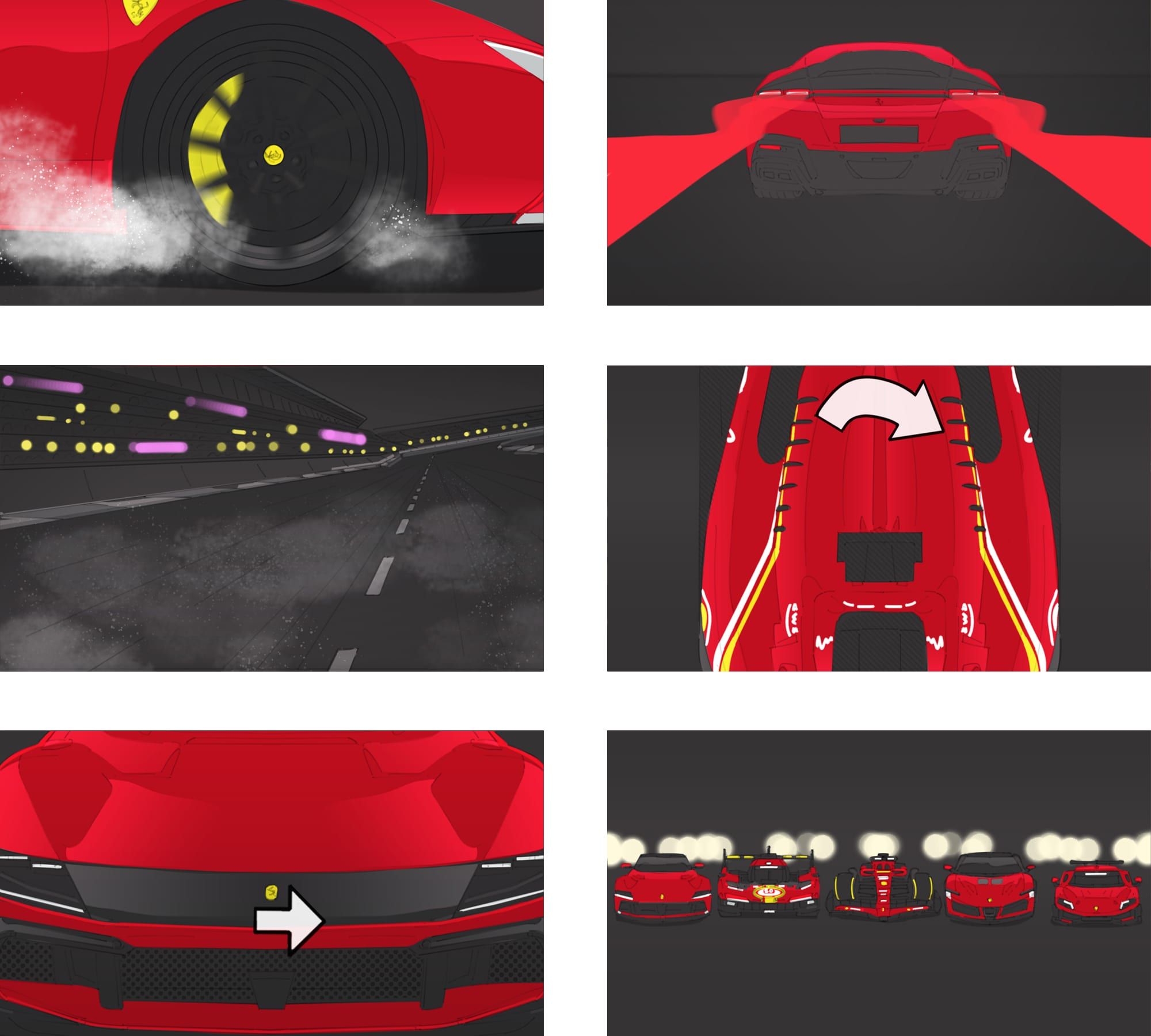 Second storyboard sheet by Seb Antoniou for Shell — tightened pass on racing-action sequences and hero product frames.